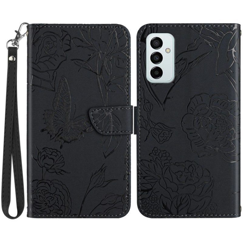 Flip Case voor Samsung Galaxy M23 5G Discrete Vlinders En Lanyard