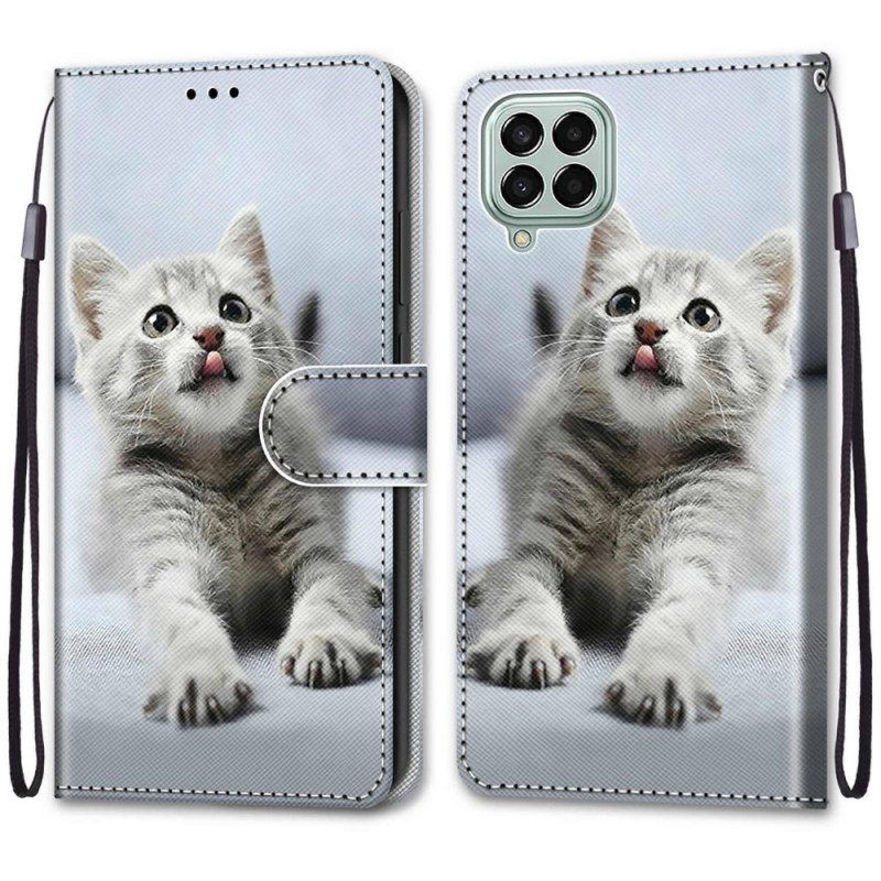 Flip Case voor Samsung Galaxy M53 5G Met Ketting Grijze Kitten Met Riem