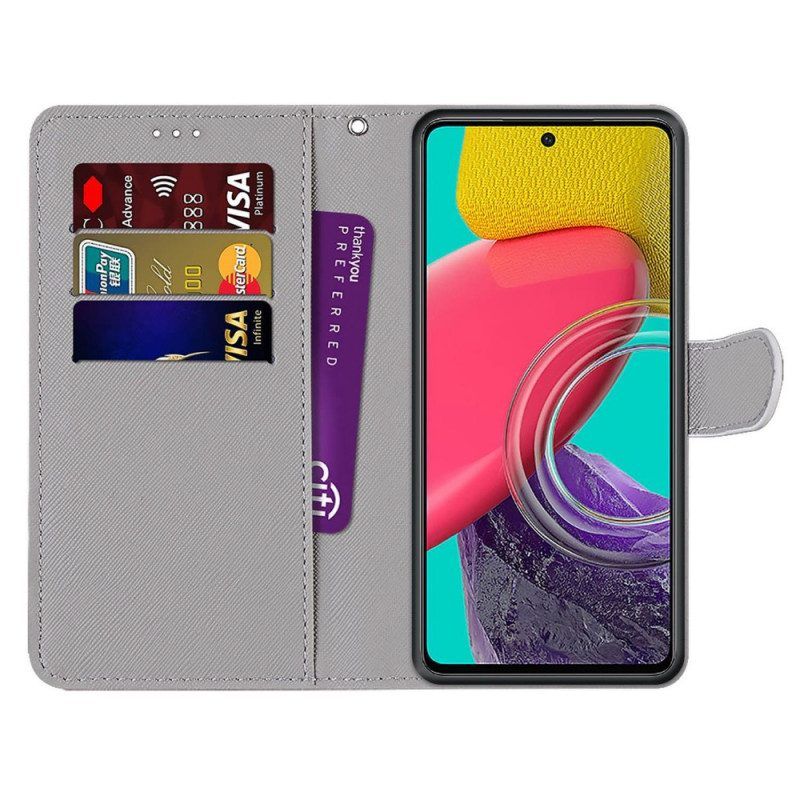 Flip Case voor Samsung Galaxy M53 5G Met Ketting Grijze Kitten Met Riem