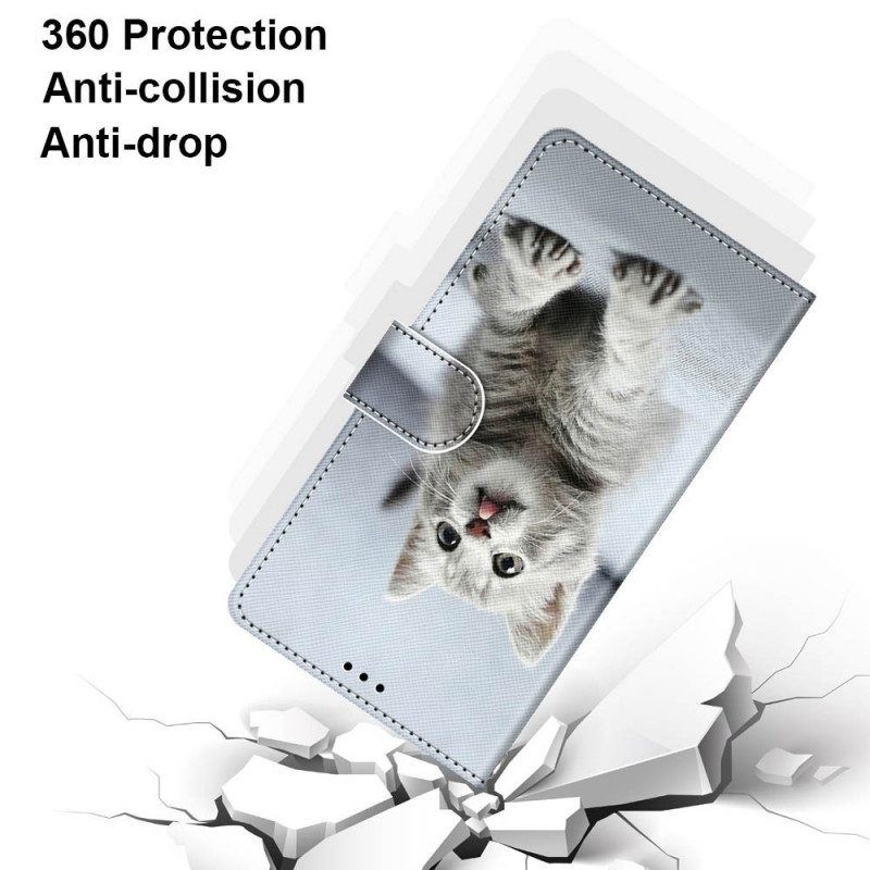 Flip Case voor Samsung Galaxy M53 5G Met Ketting Grijze Kitten Met Riem