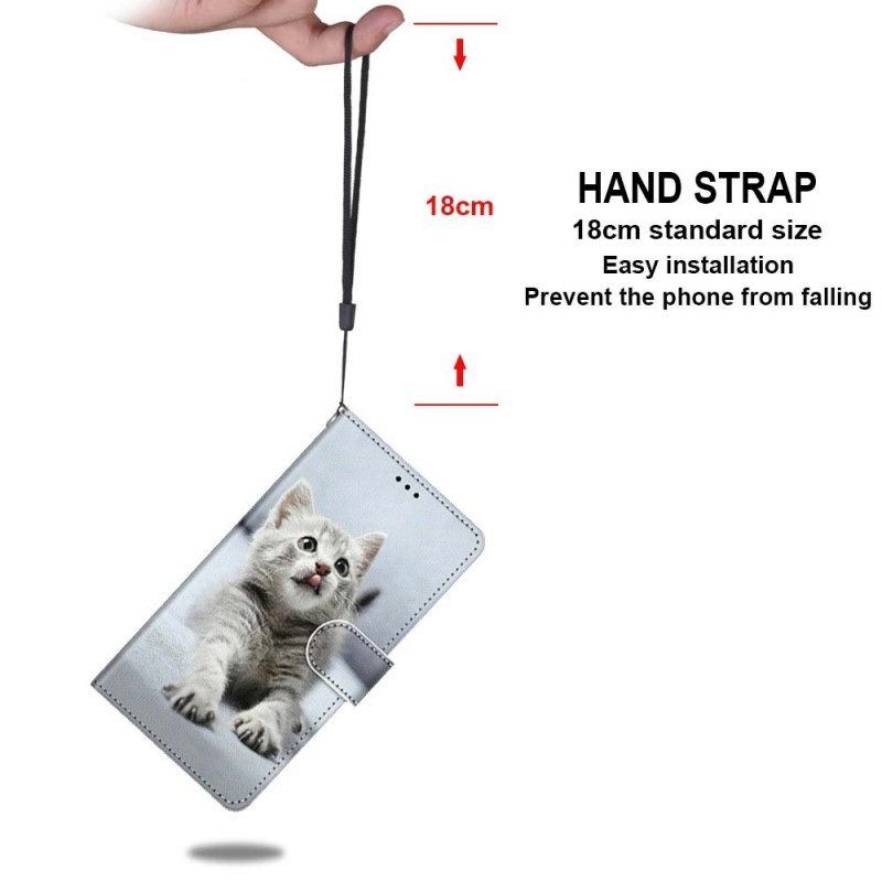Flip Case voor Samsung Galaxy M53 5G Met Ketting Grijze Kitten Met Riem