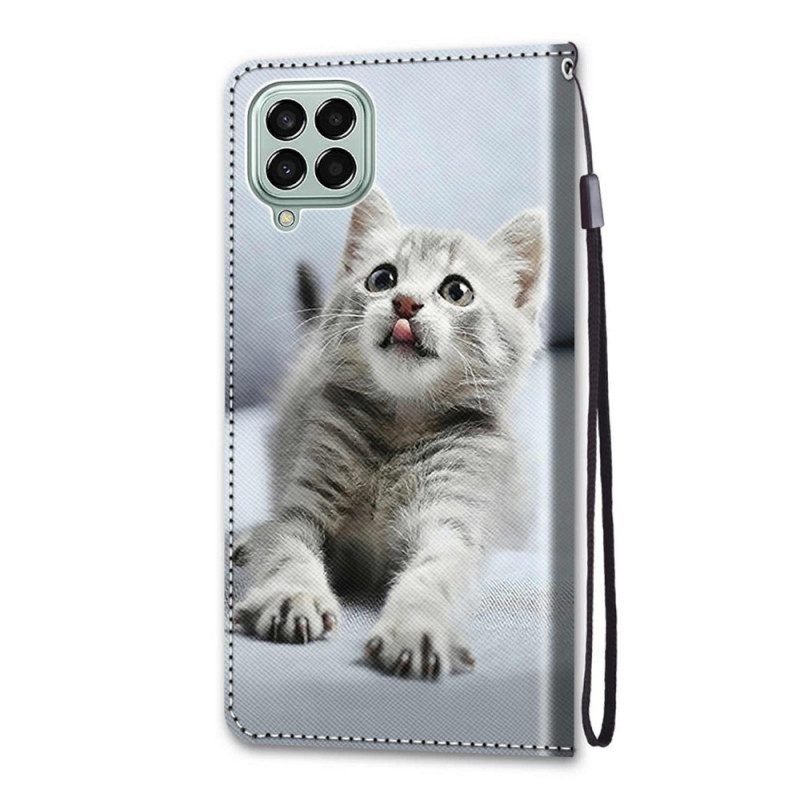 Flip Case voor Samsung Galaxy M53 5G Met Ketting Grijze Kitten Met Riem