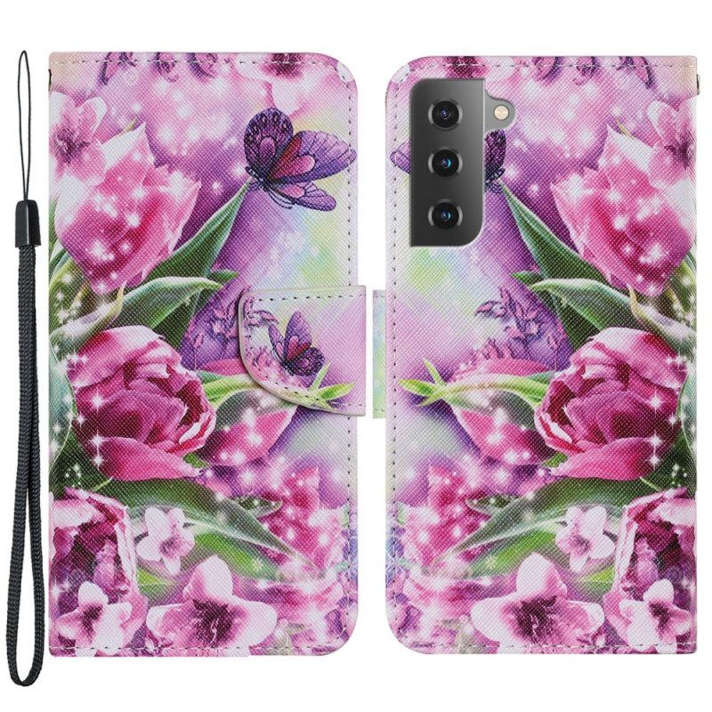 Flip Case voor Samsung Galaxy S22 Plus 5G Vlinders En Tulpen