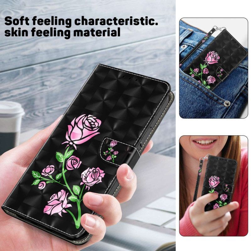 Flip Case voor Samsung Galaxy S23 5G Met Ketting Strappy Grafische Roos