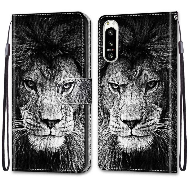 Flip Case voor Sony Xperia 5 IV Met Ketting Lanyard Leeuw