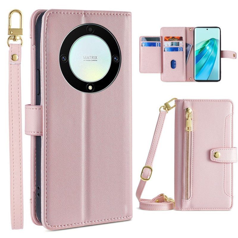 Folio-hoesje voor Honor Magic 5 Lite Portemonnee Leren Portemonnee Met Lanyard En Schouderriem