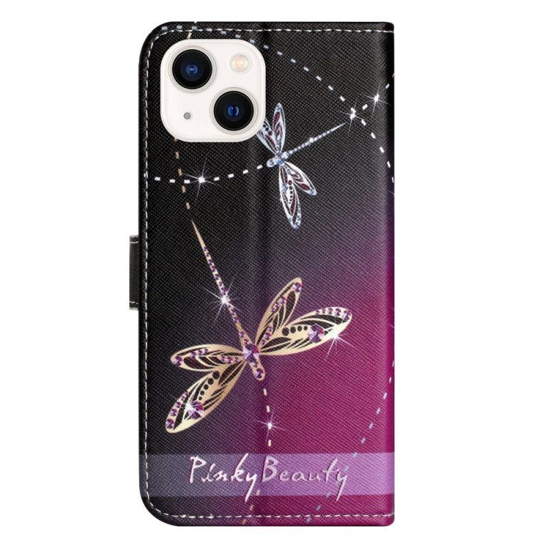 Folio-hoesje voor iPhone 14 Plus Met Ketting Strappy Libellen