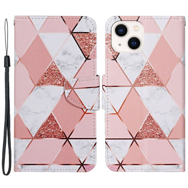 Folio-hoesje voor iPhone 15 Met Ketting Marmer- En Glitterriem