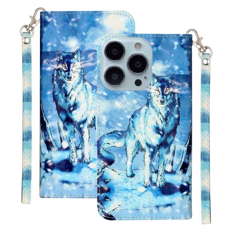 Folio-hoesje voor iPhone 15 Pro Max Met Ketting 3d Wolf Met Riem