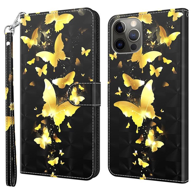Folio-hoesje voor iPhone 15 Pro Met Ketting 3d Vlinders Met Koord