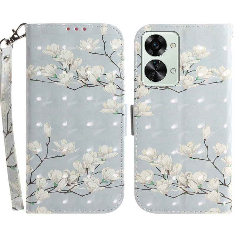 Folio-hoesje voor OnePlus Nord 2T 5G Met Ketting Magnoliabloemen Met Bandjes