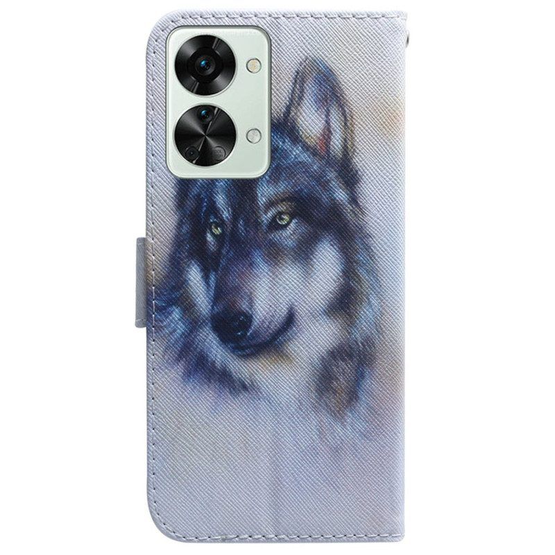 Folio-hoesje voor OnePlus Nord 2T 5G Met Ketting Strappy Aquarel Wolf