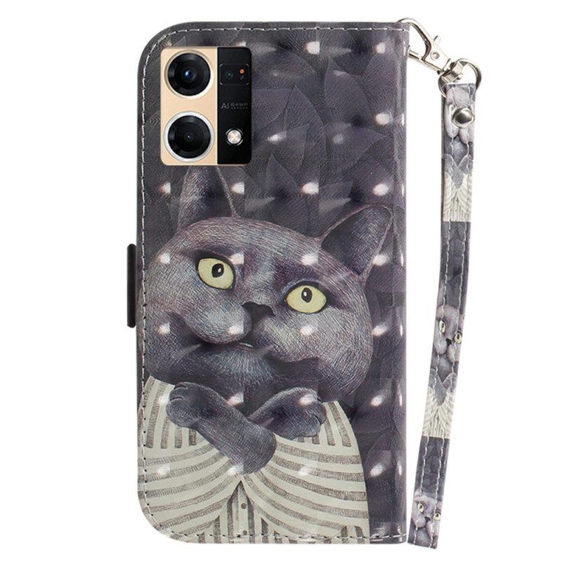 Folio-hoesje voor Oppo Reno 7 Met Ketting Grijze Kat Met Riem