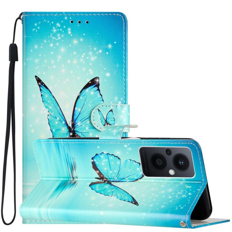 Folio-hoesje voor Oppo Reno 8 Lite Met Ketting Blauwe Vlinders Met Riem