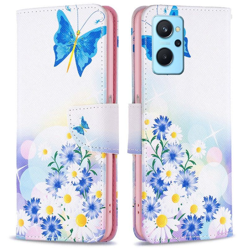 Folio-hoesje voor Realme 9i Vlinder En Bloemenpastelkleuren