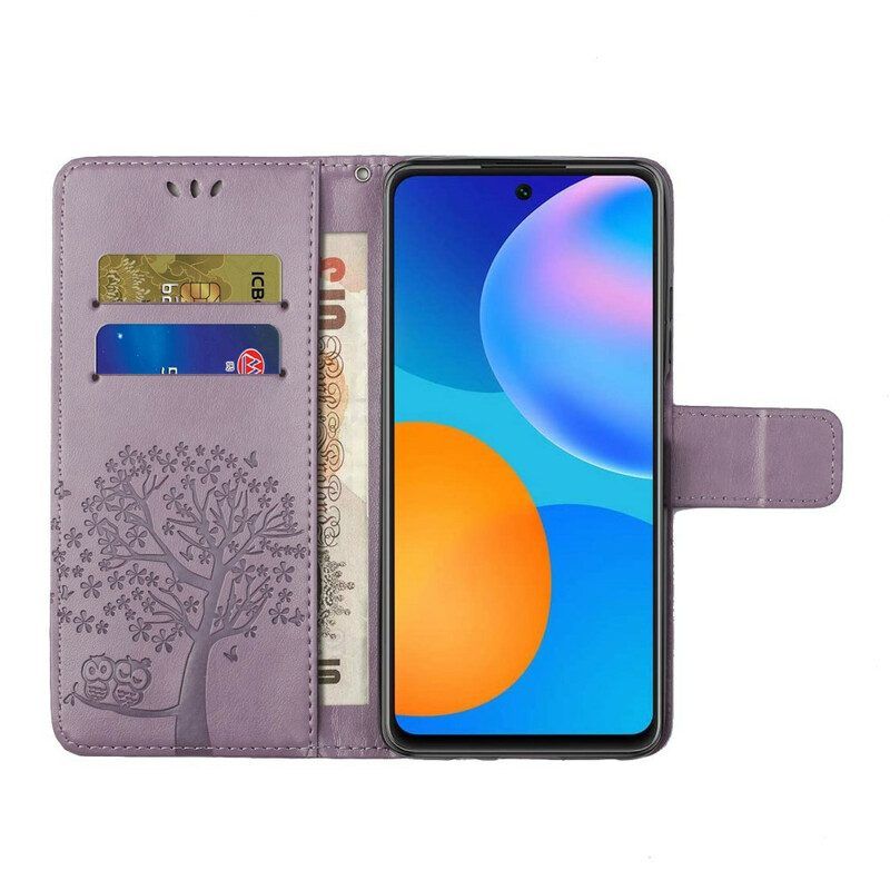 Folio-hoesje voor Samsung Galaxy A52 4G / A52 5G / A52s 5G Met Ketting String Boom En Uilen