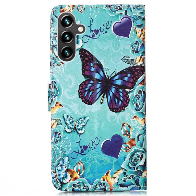 Folio-hoesje voor Samsung Galaxy A54 5G Met Ketting Kleurrijke Stringvlinders