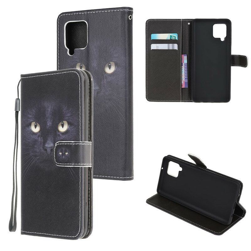 Folio-hoesje voor Samsung Galaxy M12 / A12 Met Ketting Strappy Zwarte Kattenogen