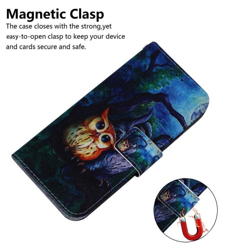 Folio-hoesje voor Samsung Galaxy M13 Met Ketting Strappy Uilen Schilderen