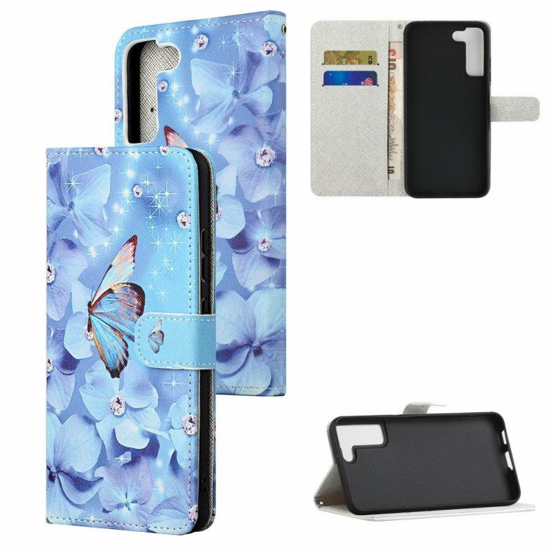 Folio-hoesje voor Samsung Galaxy S22 Plus 5G Met Ketting Strappy Diamanten Vlinders