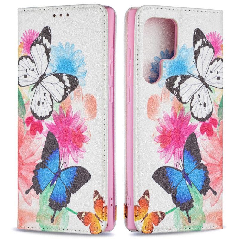 Folio-hoesje voor Samsung Galaxy S22 Ultra 5G Geschilderde Vlinders En Bloemen