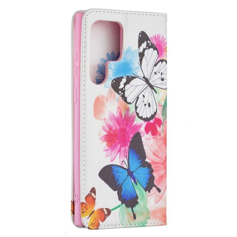 Folio-hoesje voor Samsung Galaxy S22 Ultra 5G Geschilderde Vlinders En Bloemen
