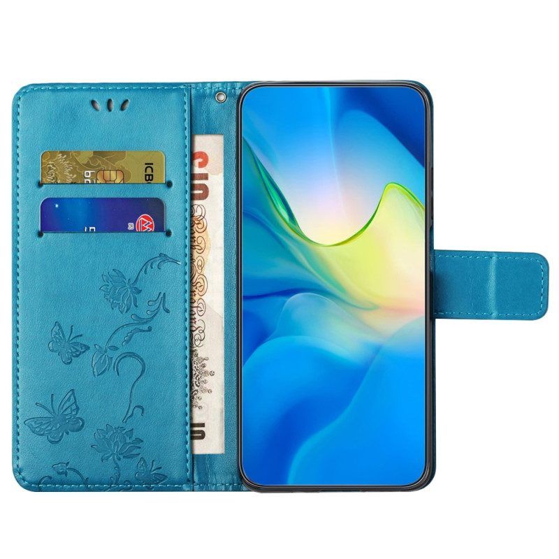 Folio-hoesje voor Xiaomi Redmi Note 12 4G Met Ketting Bloemen En Vlinders Met Riem