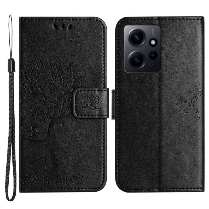 Folio-hoesje voor Xiaomi Redmi Note 12 4G Met Ketting Boom En Strappy Cat