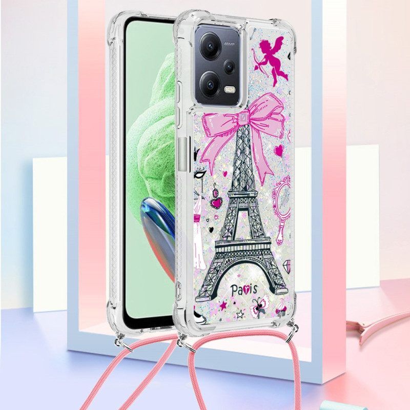 Hoesje voor Xiaomi Redmi Note 12 5G Met Koord Eiffeltoren Glitter Trekkoord