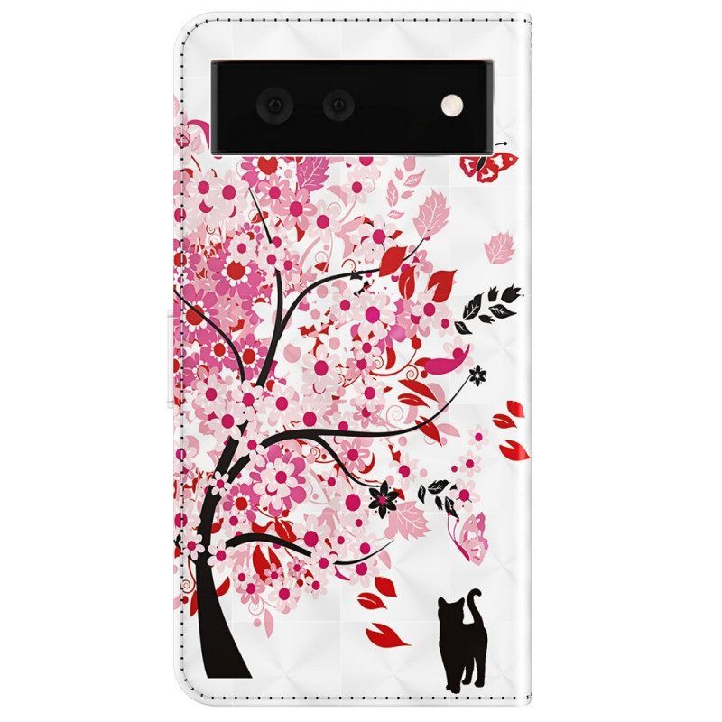 Leren Hoesje voor Google Pixel 6A Met Ketting Boom En Strappy Cat