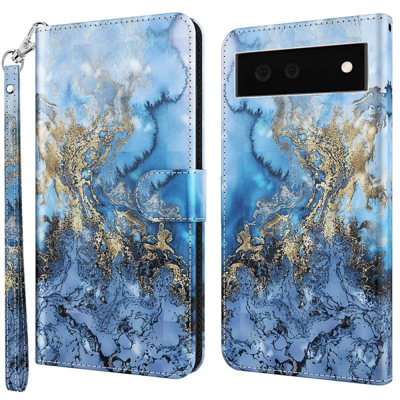 Leren Hoesje voor Google Pixel 6A Met Ketting Gestreept Marmereffect
