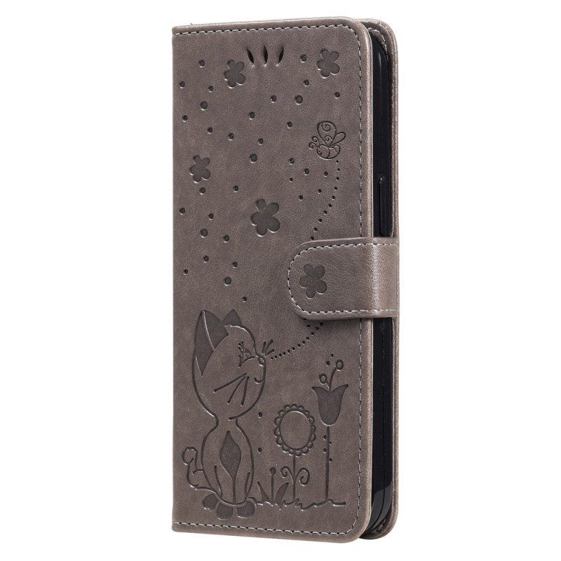 Leren Hoesje voor Honor Magic 5 Lite Met Ketting Kat En Bij Met Lanyard