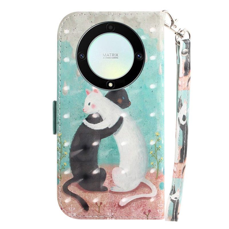Leren Hoesje voor Honor Magic 5 Lite Met Ketting Witte Kat Zwarte Kat Met Riem