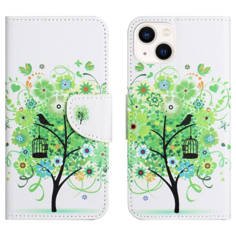 Leren Hoesje voor iPhone 15 Boom Met Groen Blad