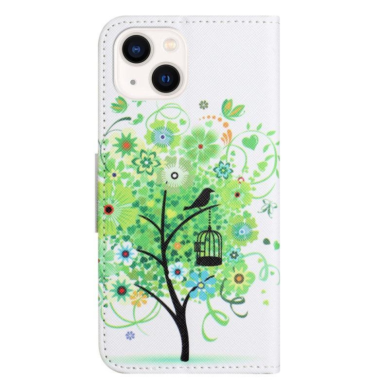 Leren Hoesje voor iPhone 15 Boom Met Groen Blad