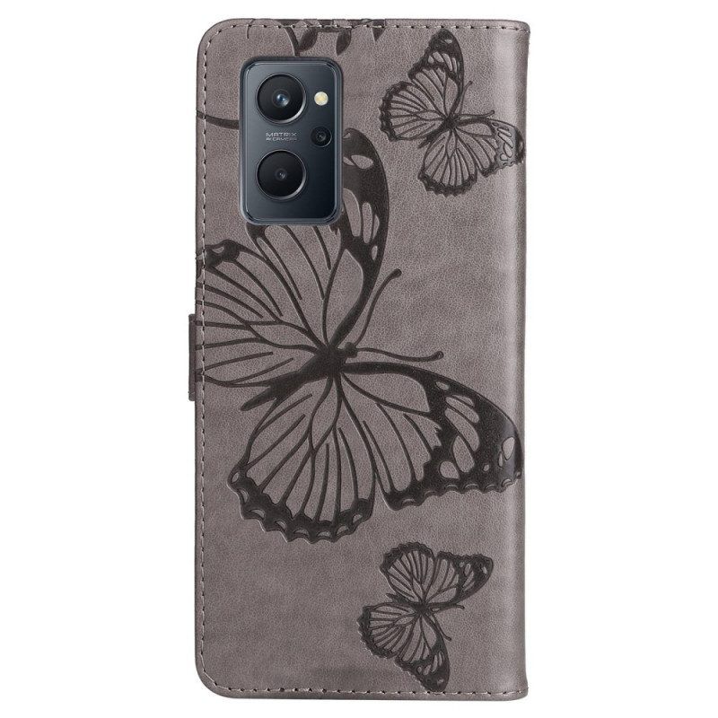 Leren Hoesje voor Realme 9i Met Ketting Gigantische Vlinder Met Bandjes