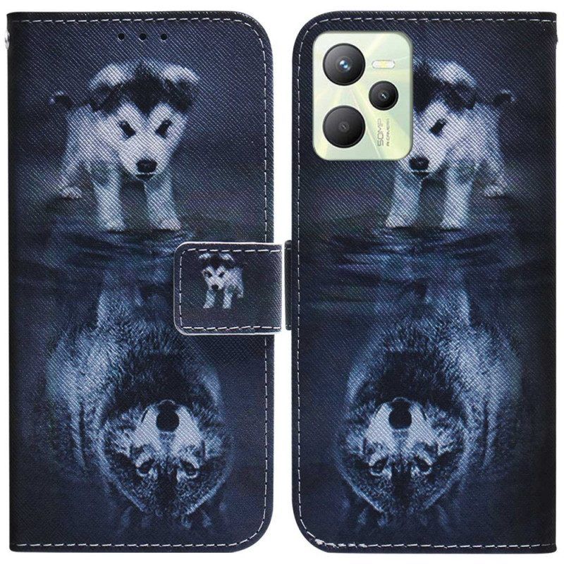 Leren Hoesje voor Realme C35 Puppy Perspectief Wolf