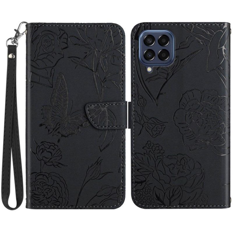 Leren Hoesje voor Samsung Galaxy M33 5G Discrete Vlinders En Lanyard