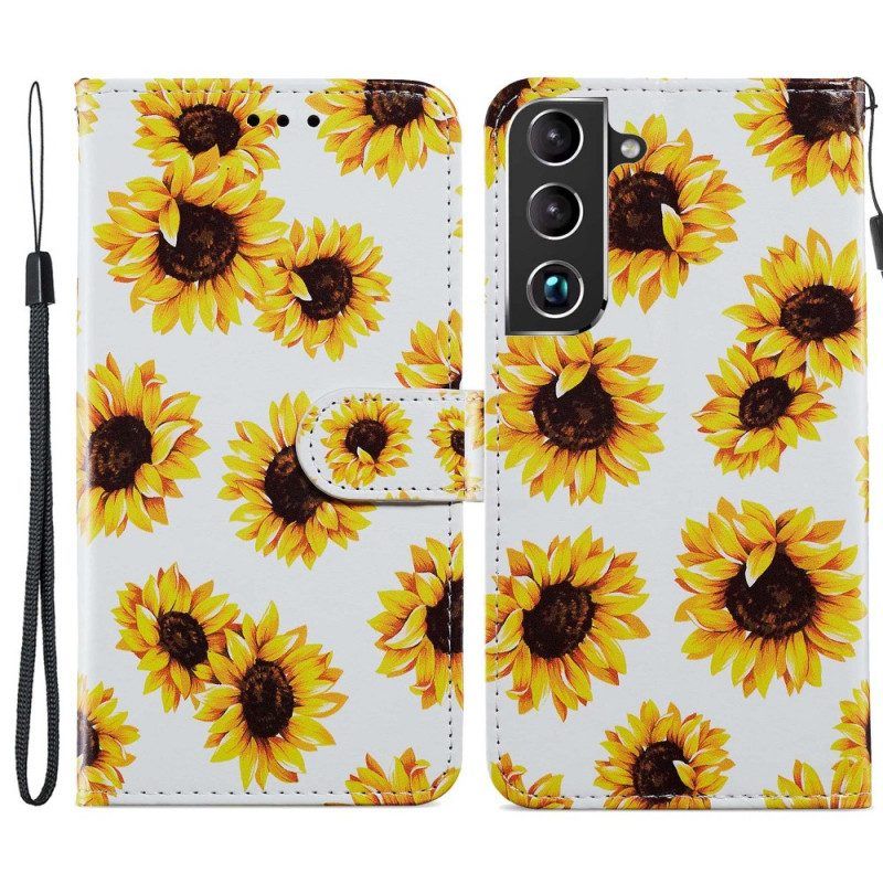 Leren Hoesje voor Samsung Galaxy S22 5G Zonnebloemen