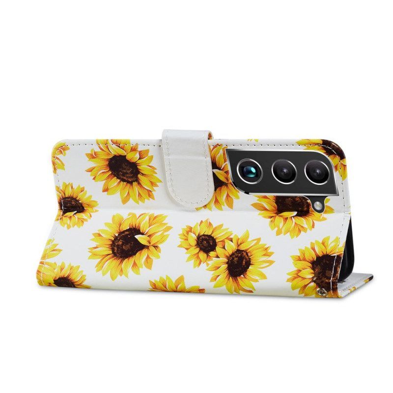 Leren Hoesje voor Samsung Galaxy S22 5G Zonnebloemen