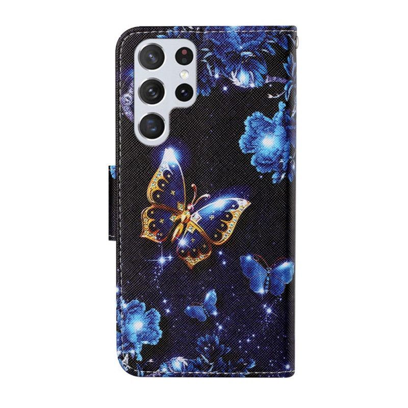 Leren Hoesje voor Samsung Galaxy S22 Ultra 5G Met Ketting Kostbare Stringvlinders