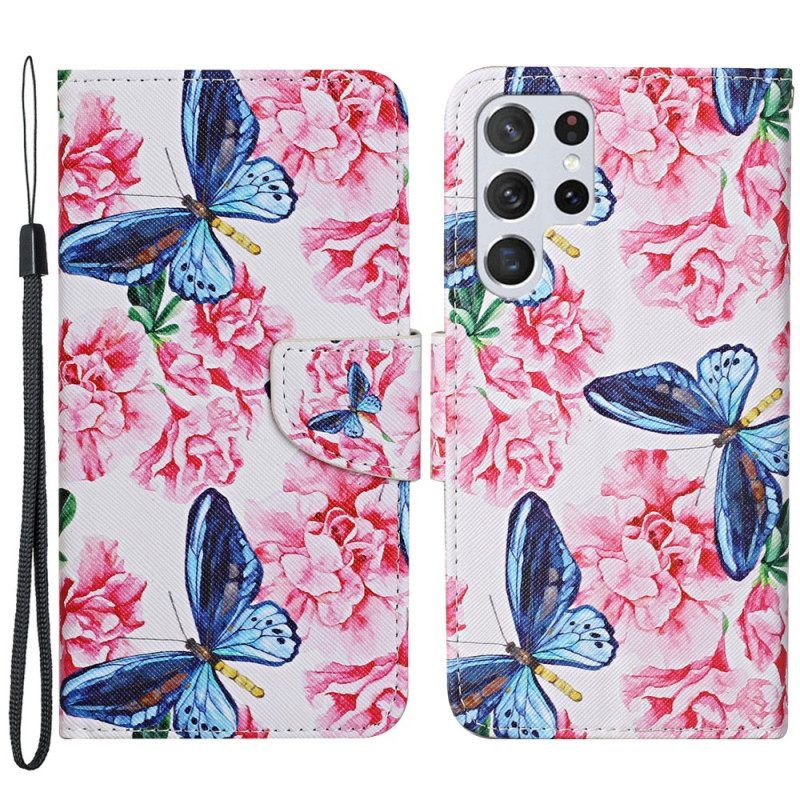 Leren Hoesje voor Samsung Galaxy S22 Ultra 5G Vlinders Floral Lanyard