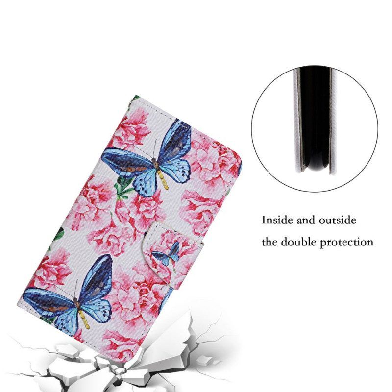 Leren Hoesje voor Samsung Galaxy S22 Ultra 5G Vlinders Floral Lanyard