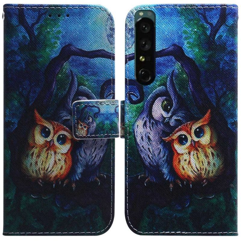 Leren Hoesje voor Sony Xperia 1 IV Uilen Schilderen