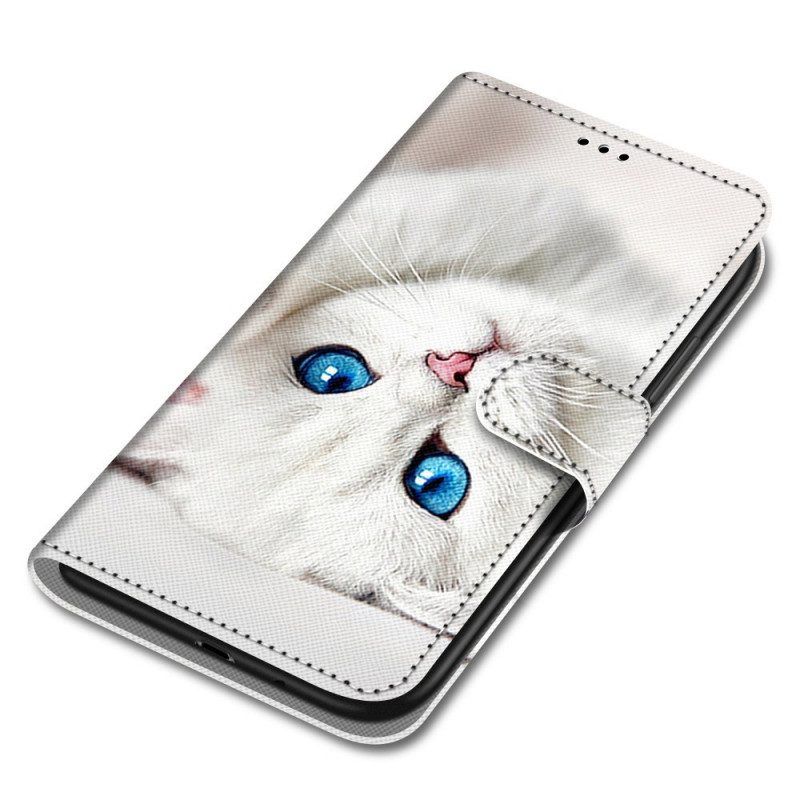 Leren Hoesje voor Xiaomi Redmi Note 11 Pro Plus 5G Met Ketting Witte Kat Met Riem