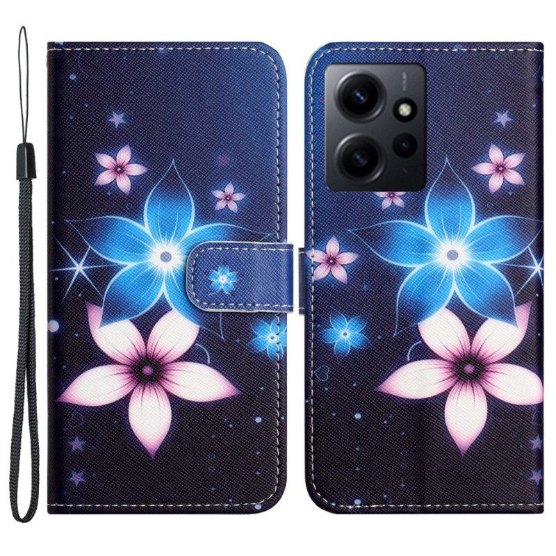 Leren Hoesje voor Xiaomi Redmi Note 12 4G Met Ketting Maanband Bloemen