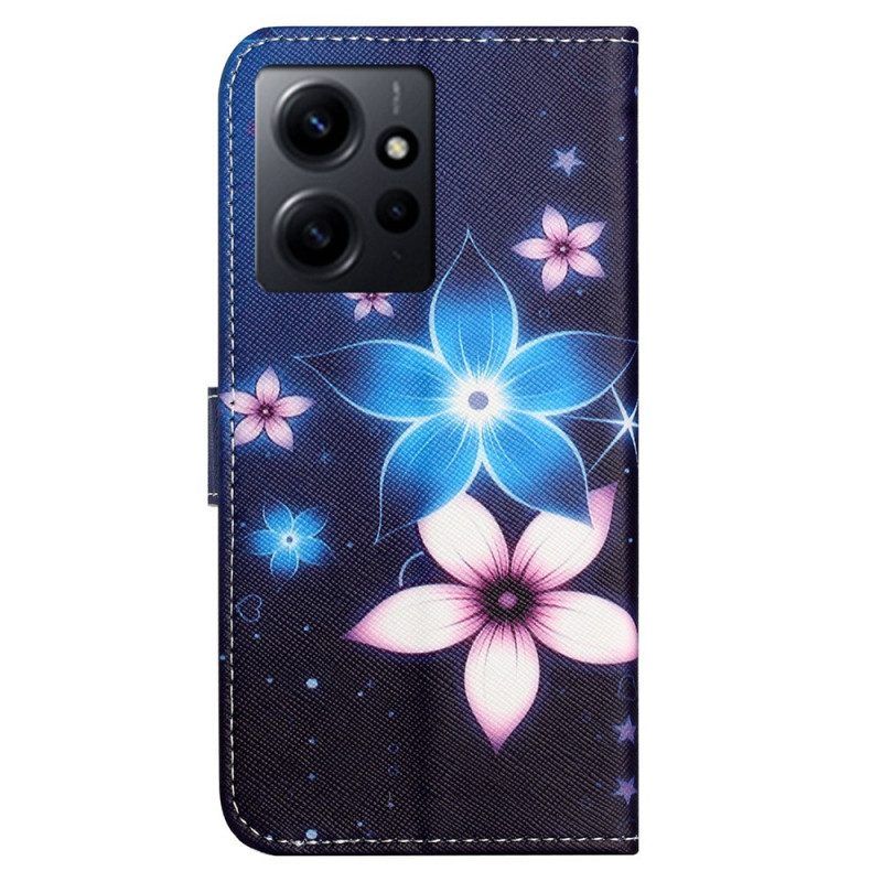 Leren Hoesje voor Xiaomi Redmi Note 12 4G Met Ketting Maanband Bloemen