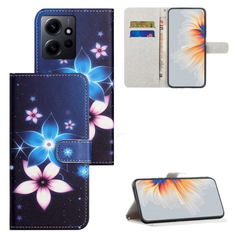 Leren Hoesje voor Xiaomi Redmi Note 12 4G Met Ketting Maanband Bloemen